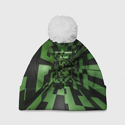 Шапка с помпоном Чёрно-зелёный геометрический коридор, цвет: 3D-белый