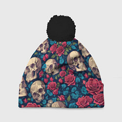 Шапка с помпоном Черепа и красные розы, цвет: 3D-черный