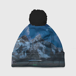Шапка с помпоном Ночные горы в природе и небо с нло, цвет: 3D-черный
