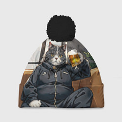 Шапка с помпоном Толстый кот со стаканом пива, цвет: 3D-черный