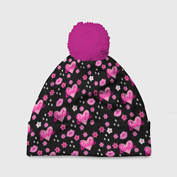 Шапка с помпоном Черный фон, барби и цветы, цвет: 3D-малиновый