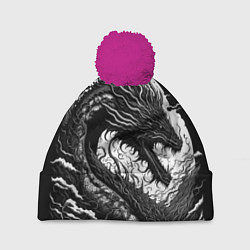 Шапка с помпоном Черно-белый дракон и волны, цвет: 3D-малиновый