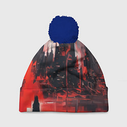 Шапка с помпоном Нарисованный город с силуэтом человека, цвет: 3D-тёмно-синий
