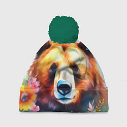 Шапка с помпоном Морда медведя гризли с цветами акварелью, цвет: 3D-зеленый