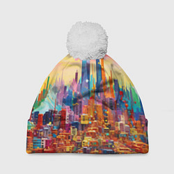 Шапка с помпоном Футуристический городской пейзаж, цвет: 3D-белый
