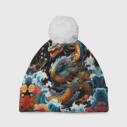 Шапка с помпоном Дракон на волнах в японском стиле арт, цвет: 3D-белый
