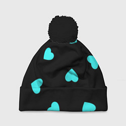 Шапка с помпоном С голубыми сердечками на черном, цвет: 3D-черный