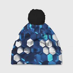 Шапка с помпоном Cyber hexagon Blue, цвет: 3D-черный