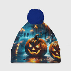 Шапка с помпоном Темная ночная улица и жуткие тыквы, цвет: 3D-тёмно-синий