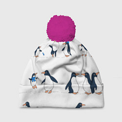 Шапка с помпоном Семейство пингвинов на прогулке, цвет: 3D-малиновый