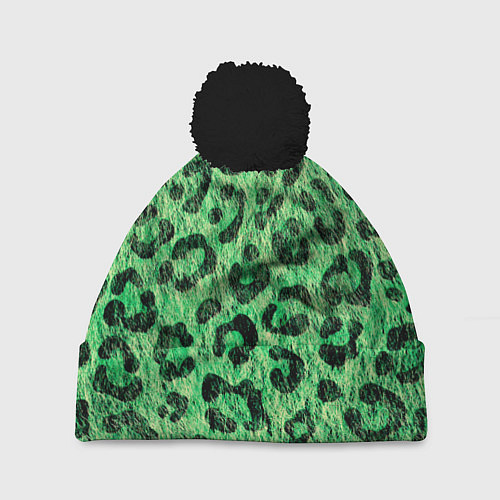 Шапка c помпоном Зелёный леопард паттерн / 3D-Черный – фото 1