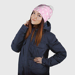 Шапка с помпоном Барби: белые сердца на розовом паттерн, цвет: 3D-белый — фото 2