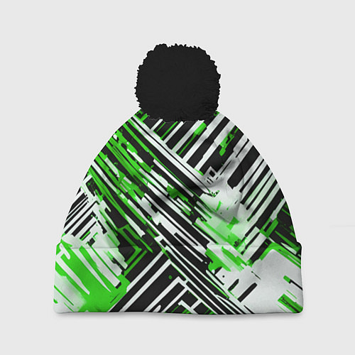 Шапка c помпоном Киберпанк линии белые и зелёные / 3D-Черный – фото 1