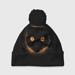 Шапка с помпоном Портрет черного кота в оранжевом свечении, цвет: 3D-черный
