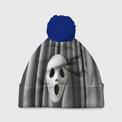 Шапка с помпоном Маска призрака и серые шторы, цвет: 3D-тёмно-синий