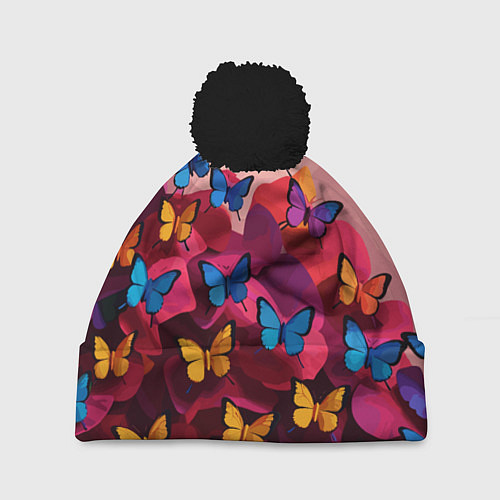 Шапка c помпоном Разноцветные бабочки - розовые цветы / 3D-Черный – фото 1