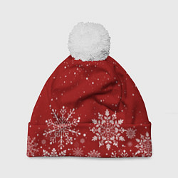 Шапка с помпоном Текстура снежинок на красном фоне, цвет: 3D-белый