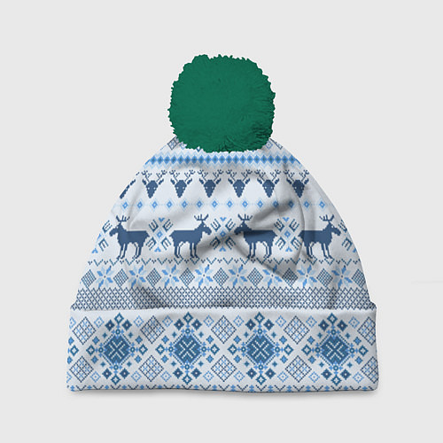 Шапка c помпоном Blue sweater with reindeer / 3D-Зеленый – фото 1