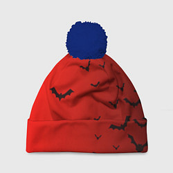 Шапка с помпоном Летучие мыши на красном фоне, цвет: 3D-тёмно-синий