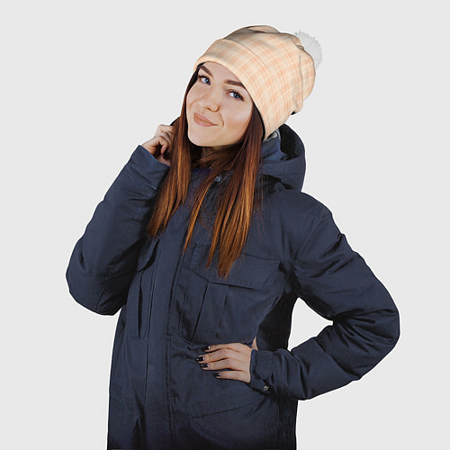 Шапка c помпоном Клетчатый тёплый бежевый / 3D-Белый – фото 2