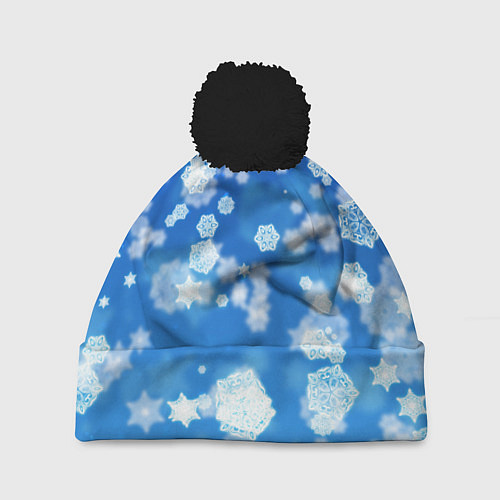 Шапка c помпоном Декоративные снежинки на синем / 3D-Черный – фото 1