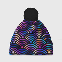 Шапка с помпоном Разноцветные волны-чешуйки, цвет: 3D-черный