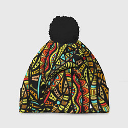 Шапка с помпоном Африканская живопись, цвет: 3D-черный