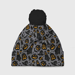 Шапка с помпоном Праздничный узор хэллоуина, цвет: 3D-черный