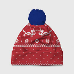 Шапка с помпоном Новогодний свитер с драконами, цвет: 3D-тёмно-синий