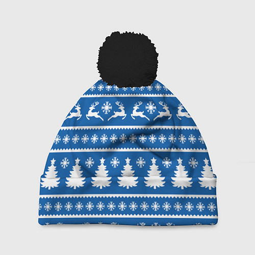 Шапка c помпоном Синий свитер с новогодними оленями / 3D-Черный – фото 1