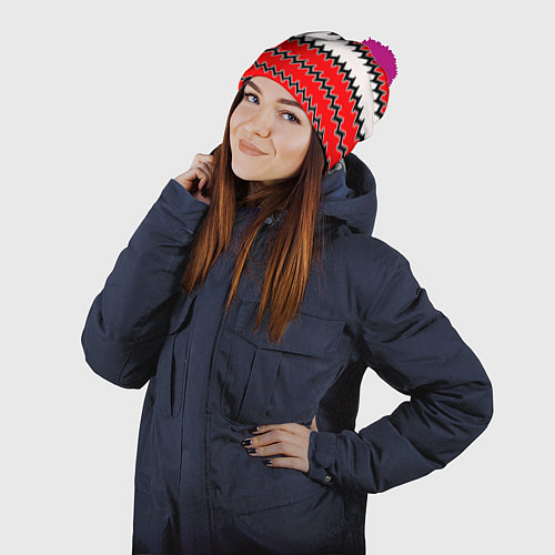 Шапка c помпоном White and red stripes / 3D-Малиновый – фото 2