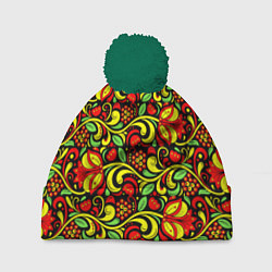 Шапка с помпоном Хохломская роспись красные цветы и ягоды, цвет: 3D-зеленый