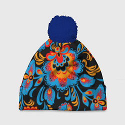 Шапка с помпоном Хохломская роспись разноцветные цветы на чёроном ф, цвет: 3D-тёмно-синий