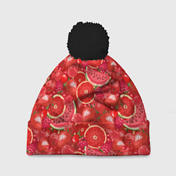 Шапка с помпоном Красные фрукты и ягоды, цвет: 3D-черный