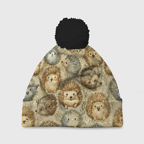 Шапка c помпоном Паттерн лесной ежик / 3D-Черный – фото 1