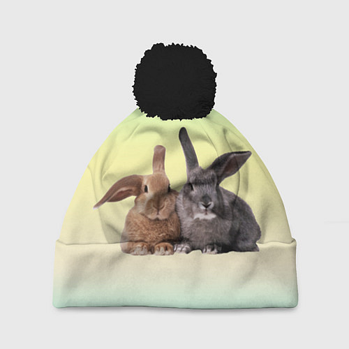Шапка c помпоном Два пушистых кролика / 3D-Черный – фото 1