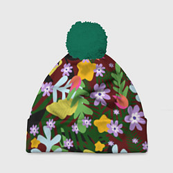 Шапка с помпоном Гавайская цветочная расцветка, цвет: 3D-зеленый