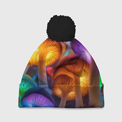 Шапка с помпоном Неоновые светящиеся грибы, цвет: 3D-черный