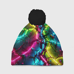 Шапка с помпоном Трещина - неон, цвет: 3D-черный