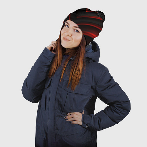 Шапка c помпоном Красные яркие неоновые полосы на черной абстракции / 3D-Черный – фото 2