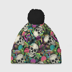 Шапка с помпоном Человеческие черепа с грибами, цвет: 3D-черный