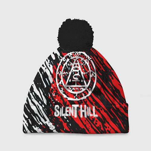 Шапка c помпоном Silent hill краски белые и красные штрихи / 3D-Черный – фото 1