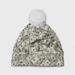 Шапка с помпоном Деньги - 100 долларовые купюры, цвет: 3D-белый