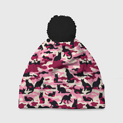 Шапка с помпоном Камуфляжные розовые котики, цвет: 3D-черный