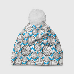 Шапка с помпоном Мячи волейбольные паттерн, цвет: 3D-белый