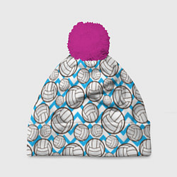 Шапка с помпоном Мячи волейбольные паттерн, цвет: 3D-малиновый