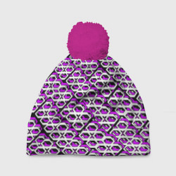 Шапка с помпоном Фиолетово-белый узор на чёрном фоне, цвет: 3D-малиновый