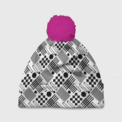 Шапка с помпоном Современный черно белый геометрический узор, цвет: 3D-малиновый