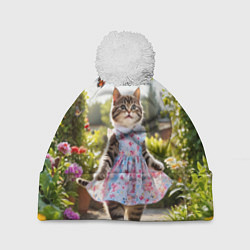 Шапка с помпоном Кошка в летнем платье в саду, цвет: 3D-белый