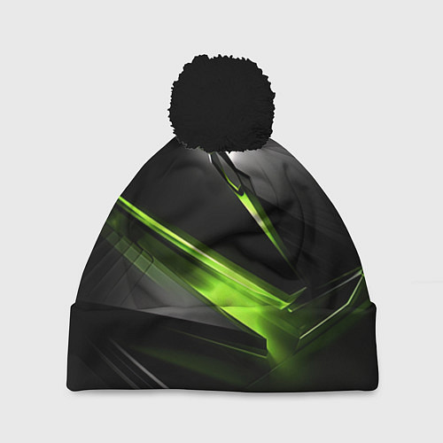 Шапка c помпоном Зеленая абстрактная конструкция в стиле nvidia / 3D-Черный – фото 1